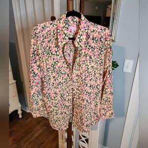 EUC Lilly Pulitzer Button Down Shirt Yellow with Pink Tulips